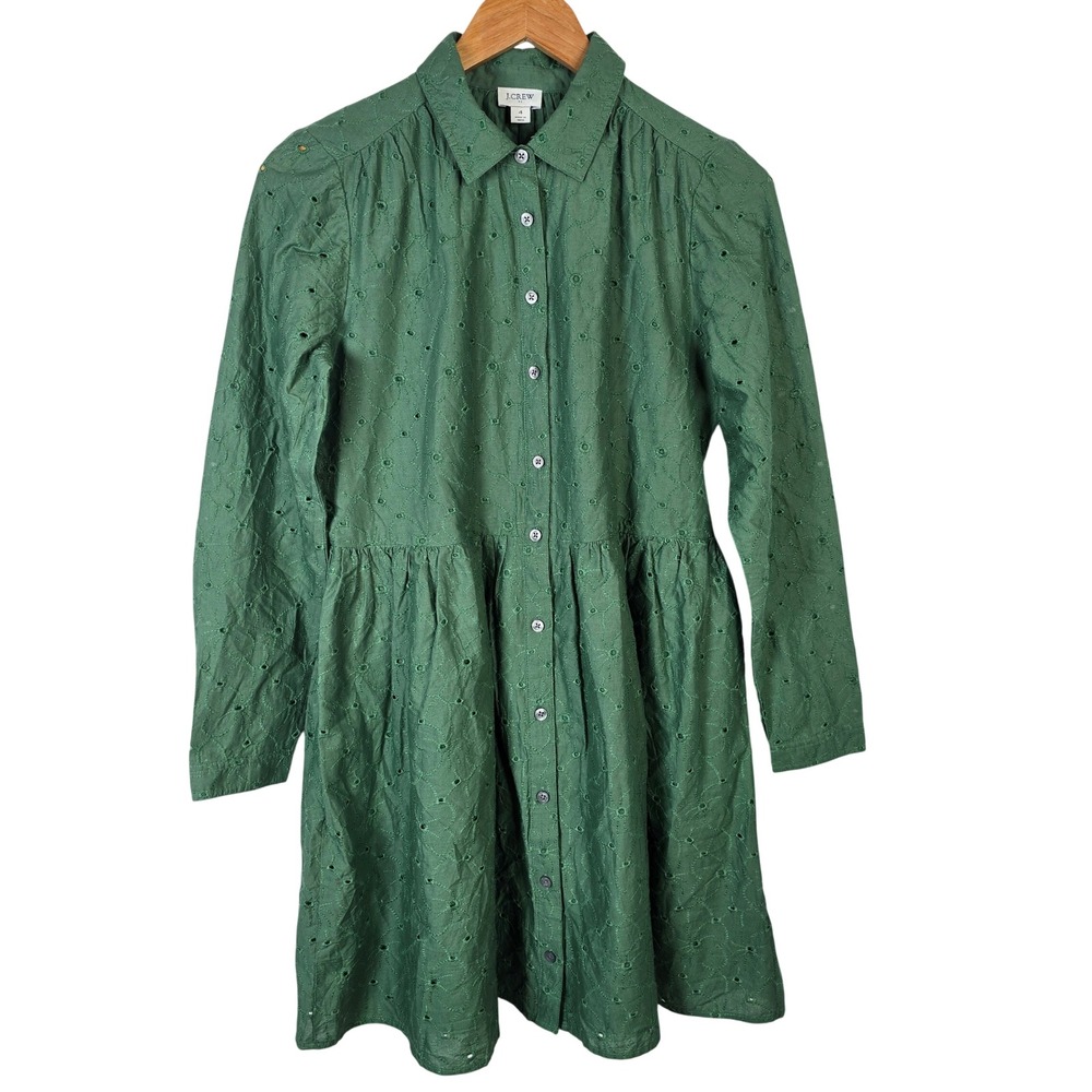 J. Crew Forest Green Long Sleeve Eyelet Shirt Dress